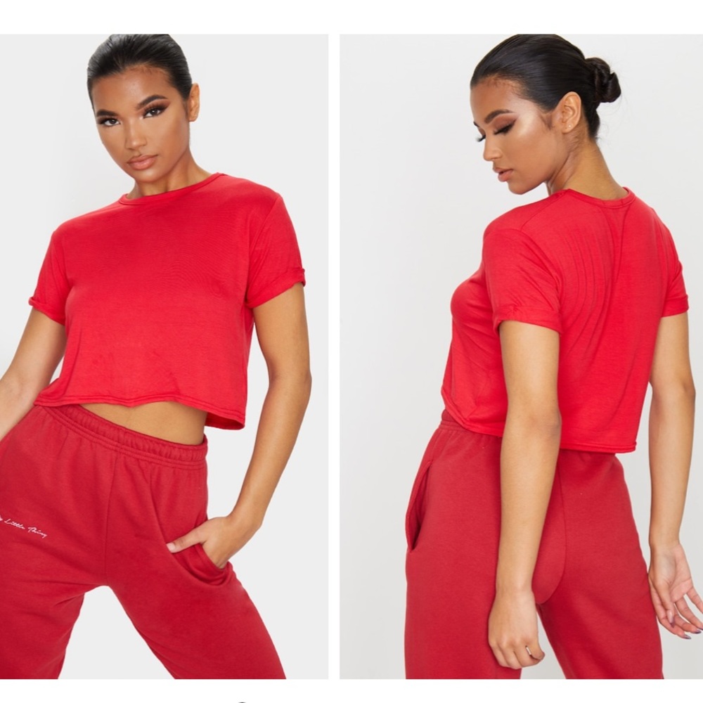 PrettyLittleThing Basic Roll Sleeve Crop T-Shirt - Picture 1 of 9